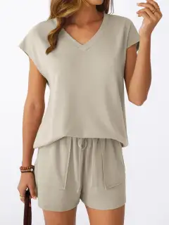 Relaxed Drawstring Pocketed Shirt and Shorts Matching Set