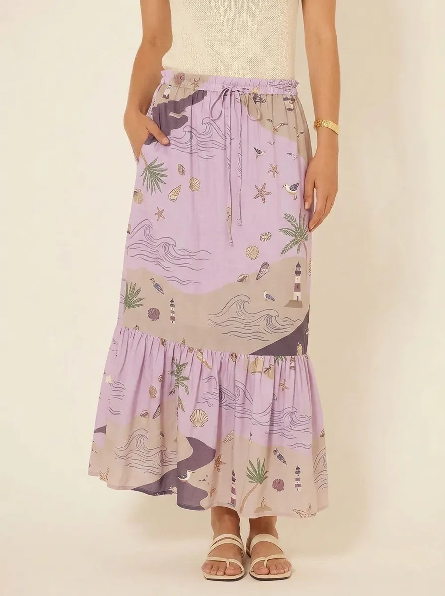 Women's Beach Lover Lighthouse Seashell Palm Printed Maxi Skirt