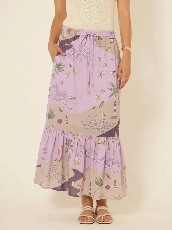 Women's Beach Lover Lighthouse Seashell Palm Printed Maxi Skirt