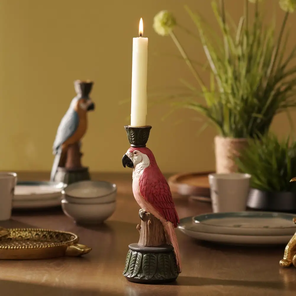 Red Pink Macaw Polyresin Candle Holder