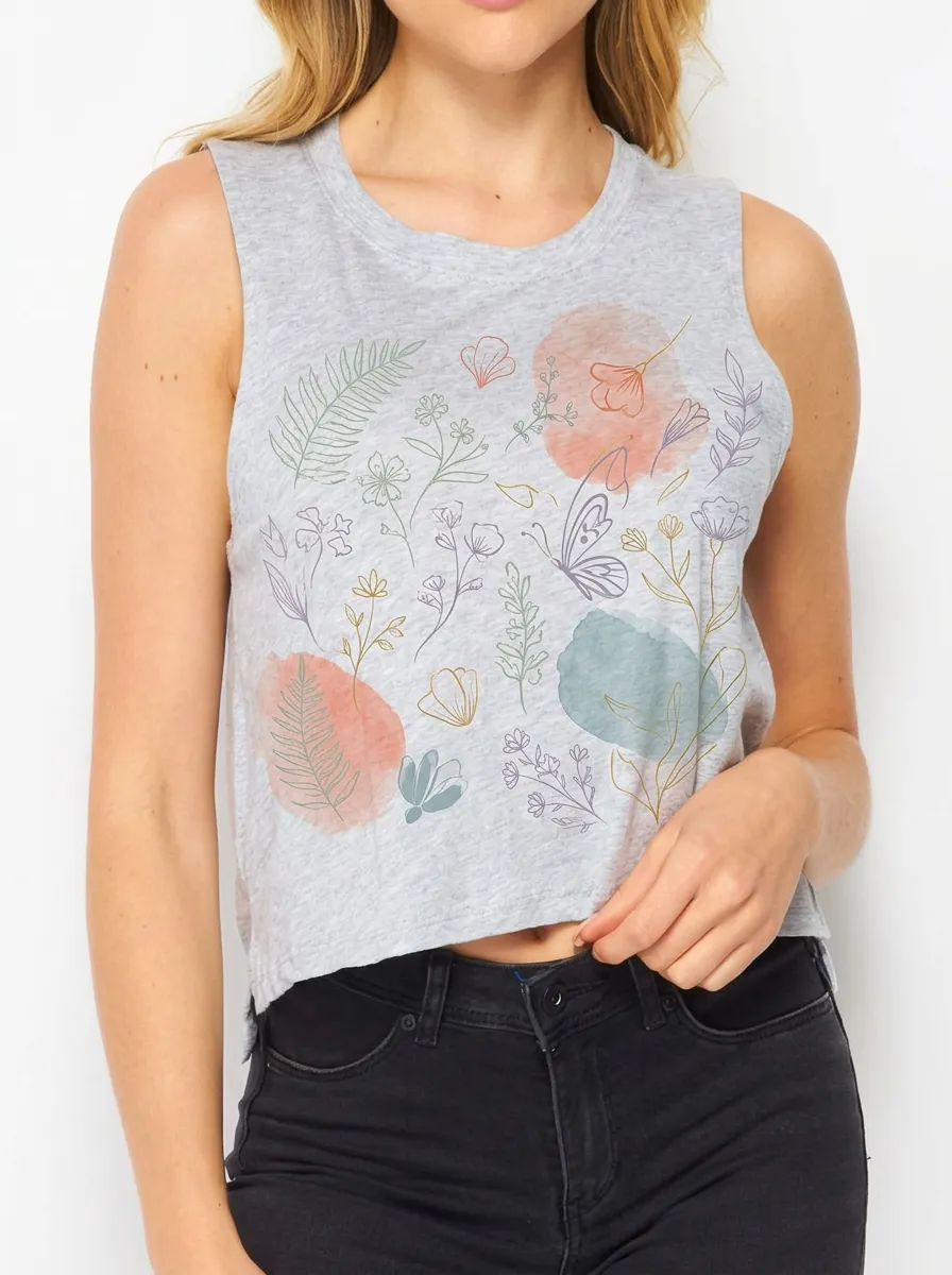 Women's Botanical Butterfly Watercolor Printed Crop Tank Top