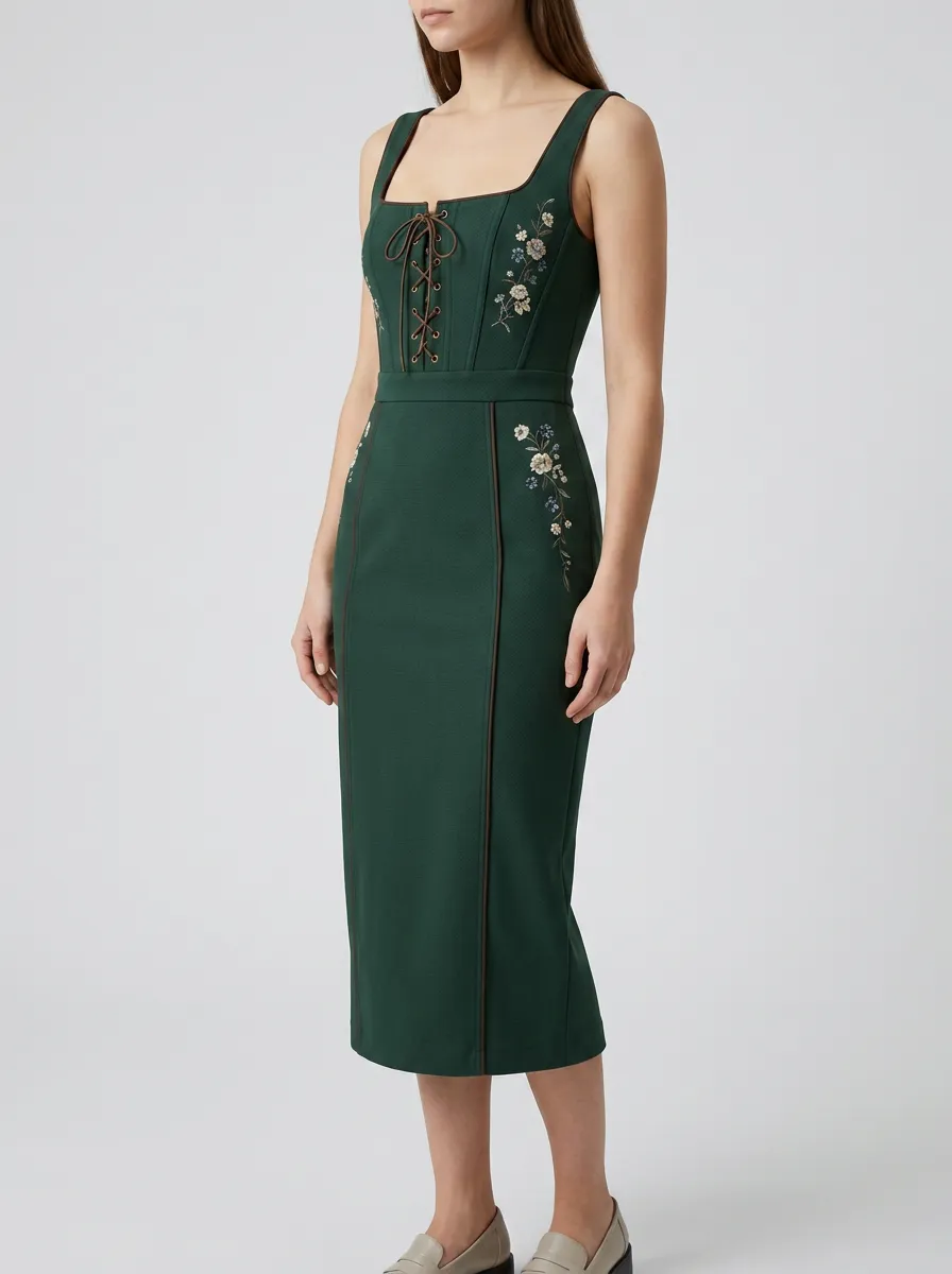 Women's Embroidered Floral Dirndl-Inspired Bodycon Dress