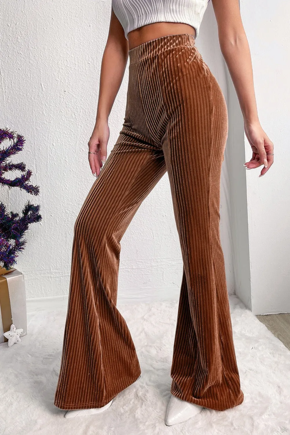 Relaxed Corduroy High Waist Flared Casual Pants