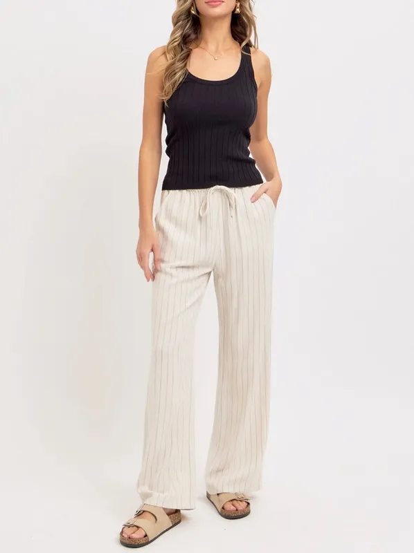 Striped Linen Blend Drawstring Pants