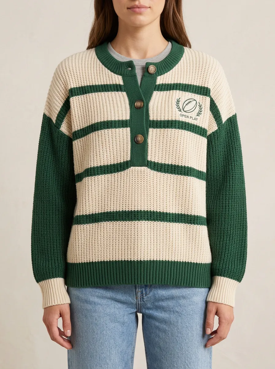 Rugby Open Play Embroidered Striped Knit Cardigan