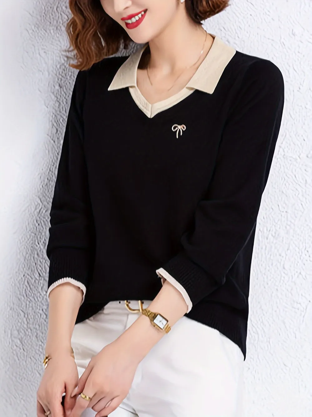 Notched Collar Knitted Sweater Casual Long Sleeve