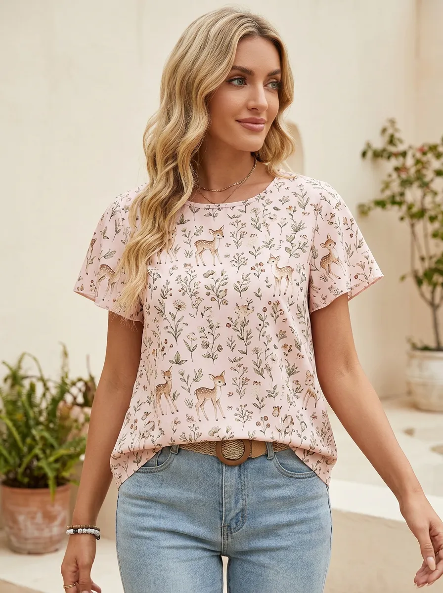 Deer Wildflower Nature Women's Loose Printed T-Shirt