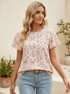 Deer Wildflower Nature Women's Loose Printed T-Shirt