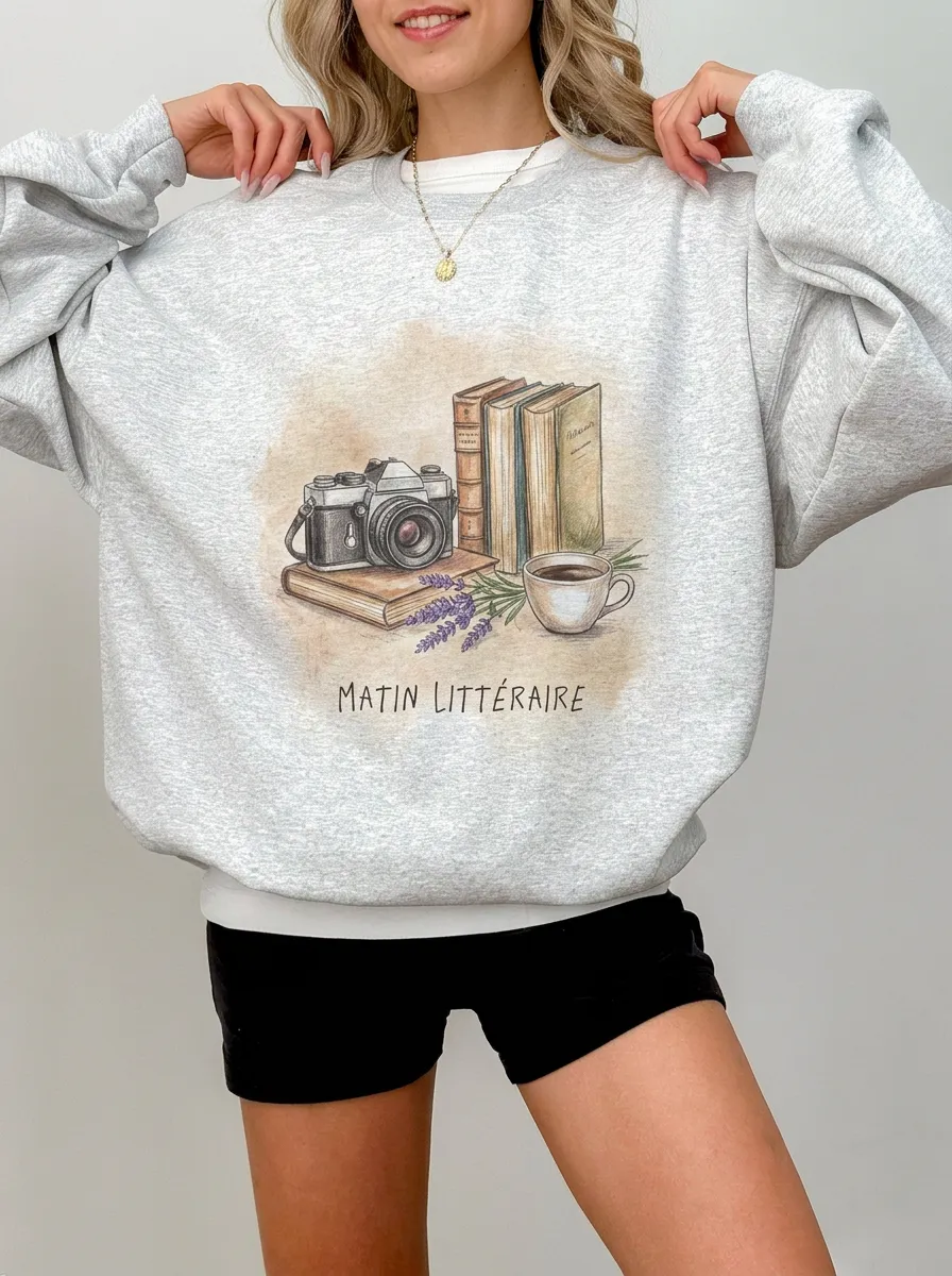 Women's Book Lover Camera Coffee Printed Sweatshirt