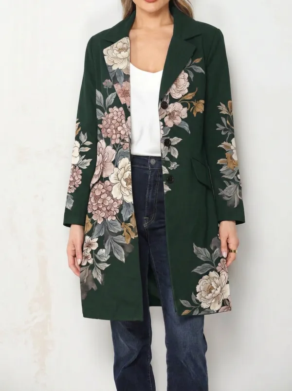 Women's Vintage Floral Botanical Printed Long Blazer Coat