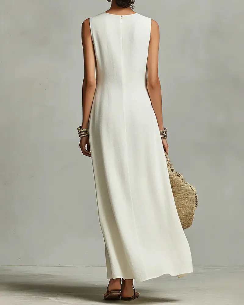 Asymmetric Hem Linen Blend Sleeveless Maxi Dress