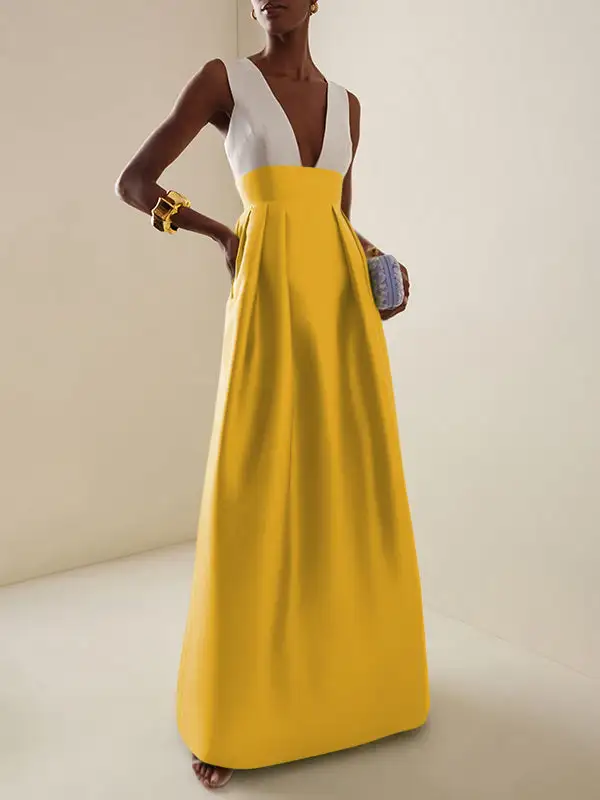 Deep Pleated Neck Maxi Dress