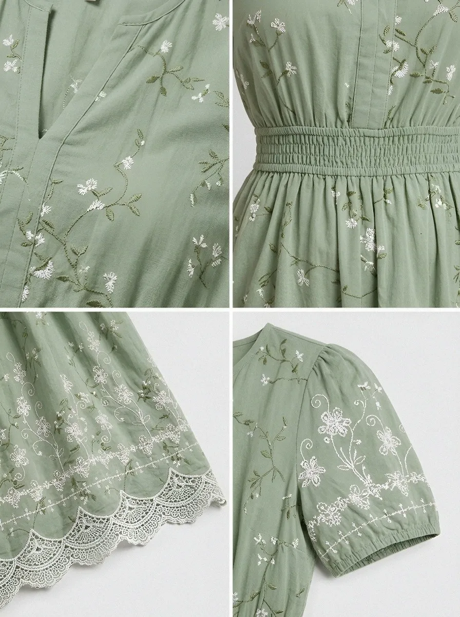 Women's Summer Vacation Sage Green Floral Embroidered Printed Dress