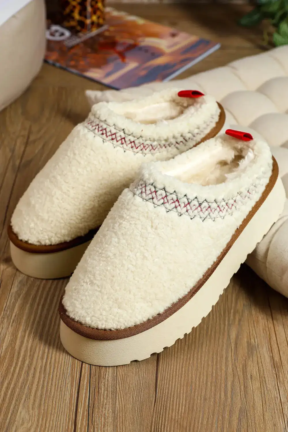 Embroidered Sherpa Thick Sole Slippers