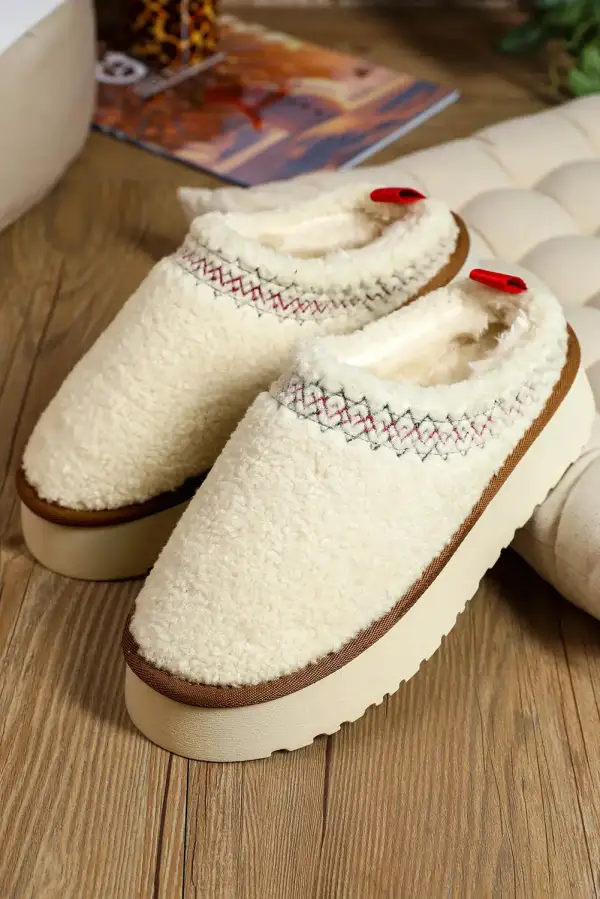 Embroidered Sherpa Thick Sole Slippers