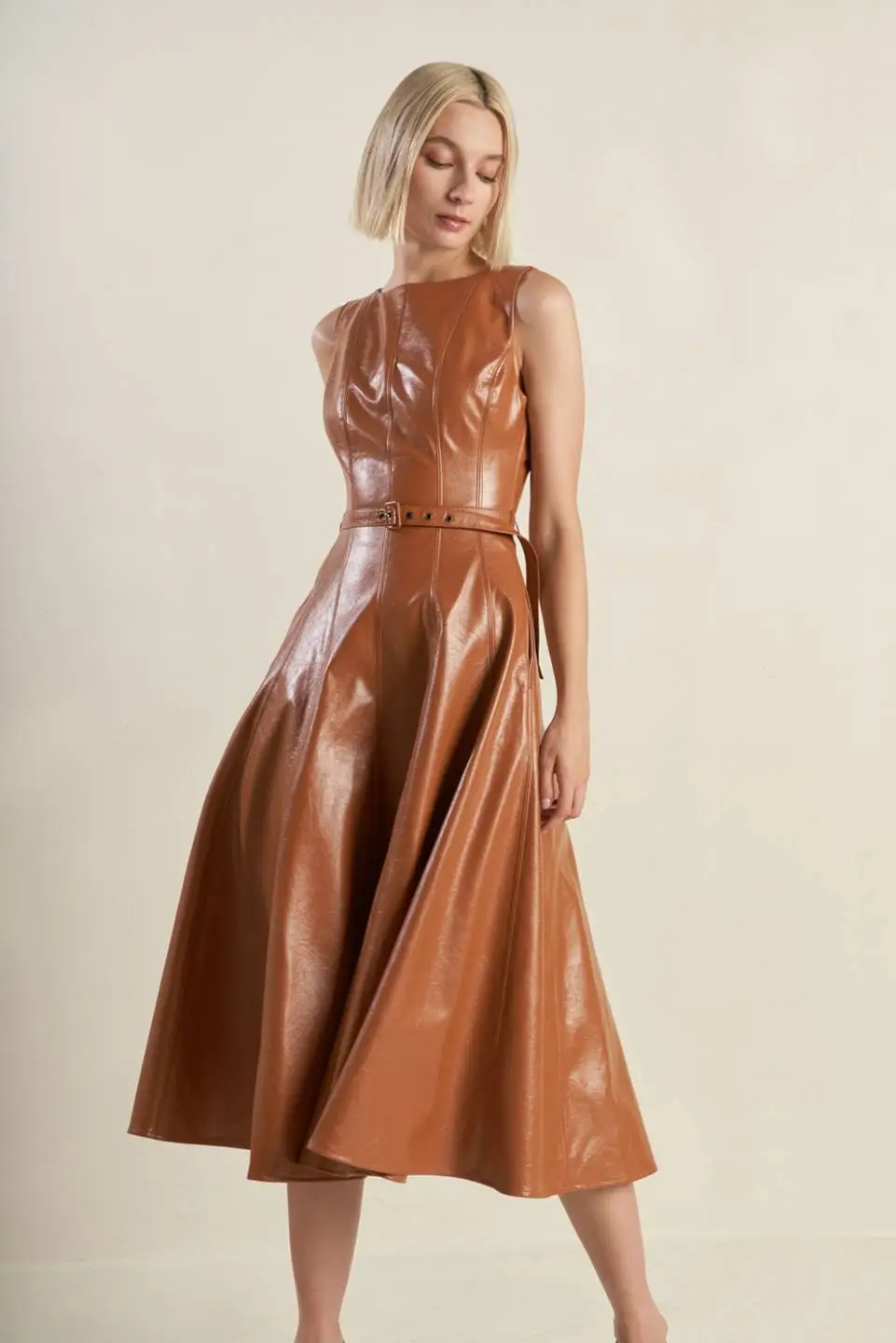 Sleeveless Faux-Leather Midi Dress