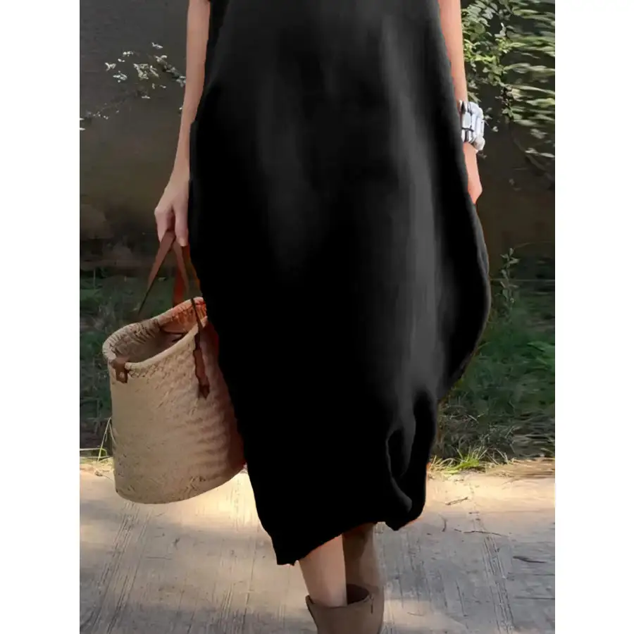 Full Size Casual Loose Fit Round Neck Midi Dress Plus Size