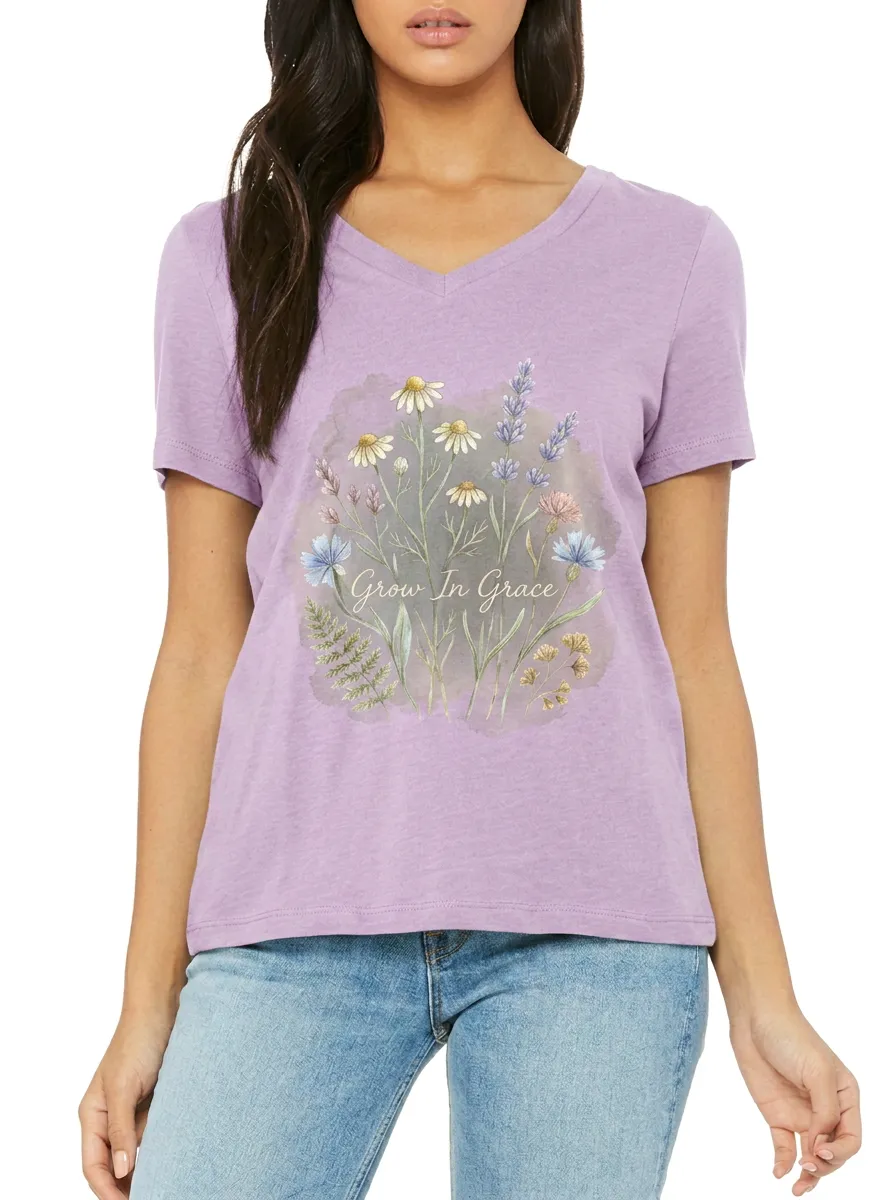 Women's Grow In Grace Wildflower Bouquet Printed V-neck T-shirt