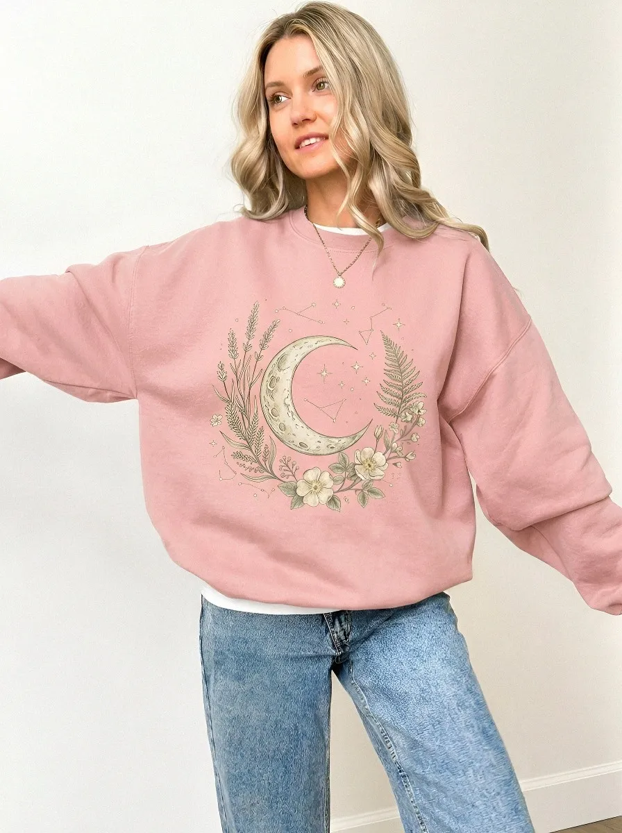 Women's Celestial Moon Floral Botanical Printed Sweatshirt