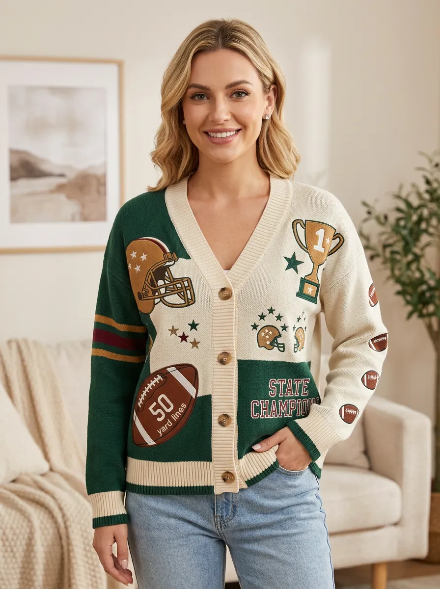 Women's Sideline Inspired Helmet Football Trophy Knitted Cardigan
