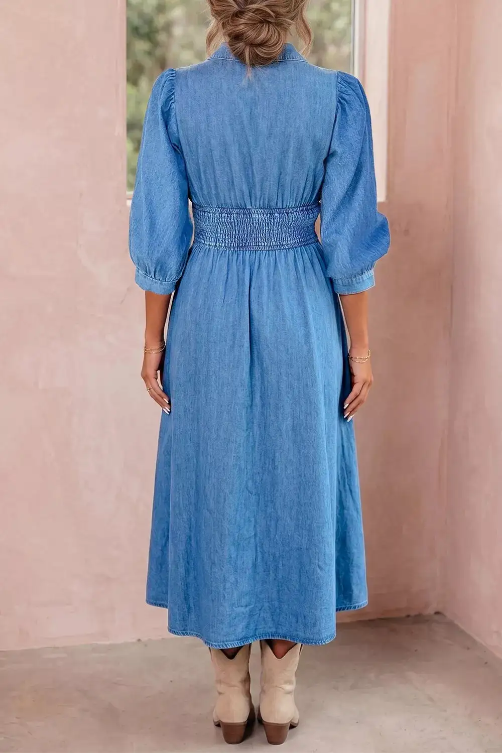 V-Neck Shirred Waist Metal Zipper Denim Midi Dress