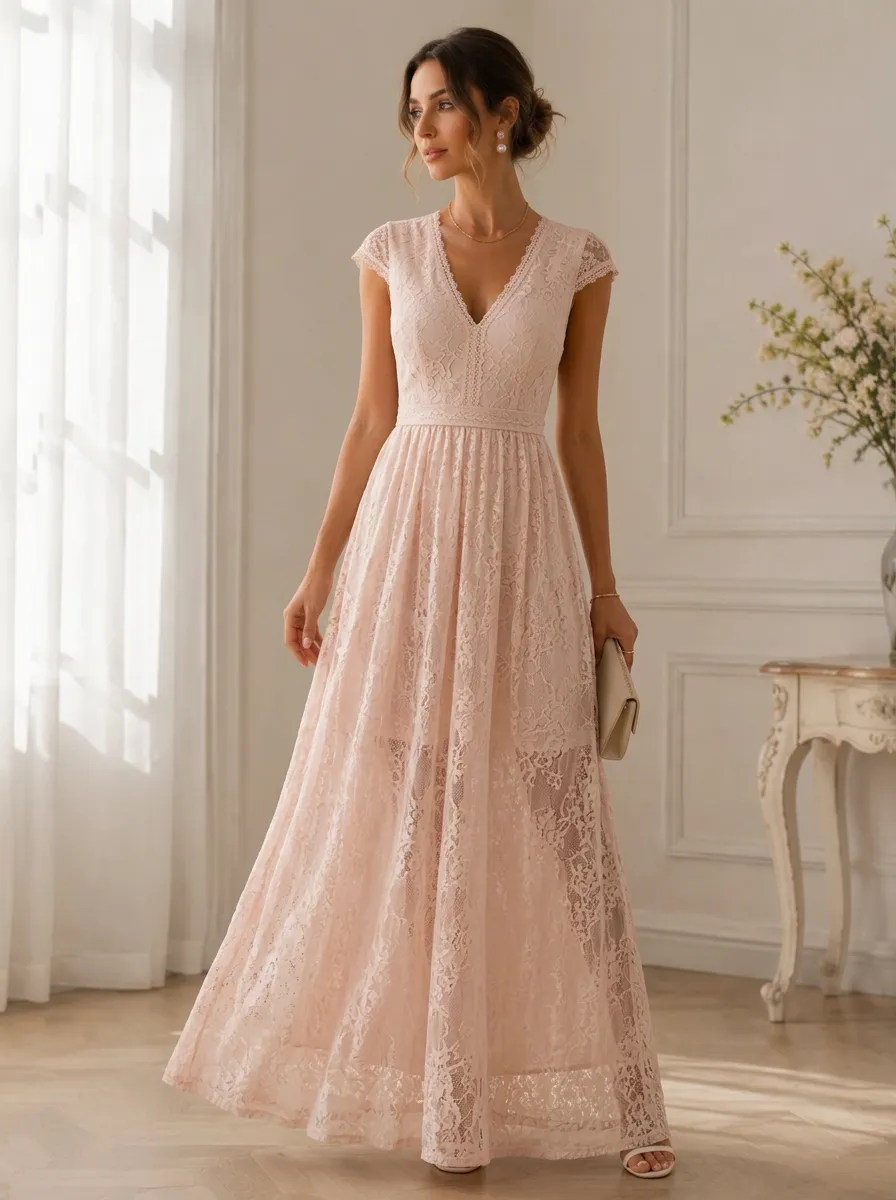 Elegant Wedding Guest Blush Pink Floral Lace Printed Dress