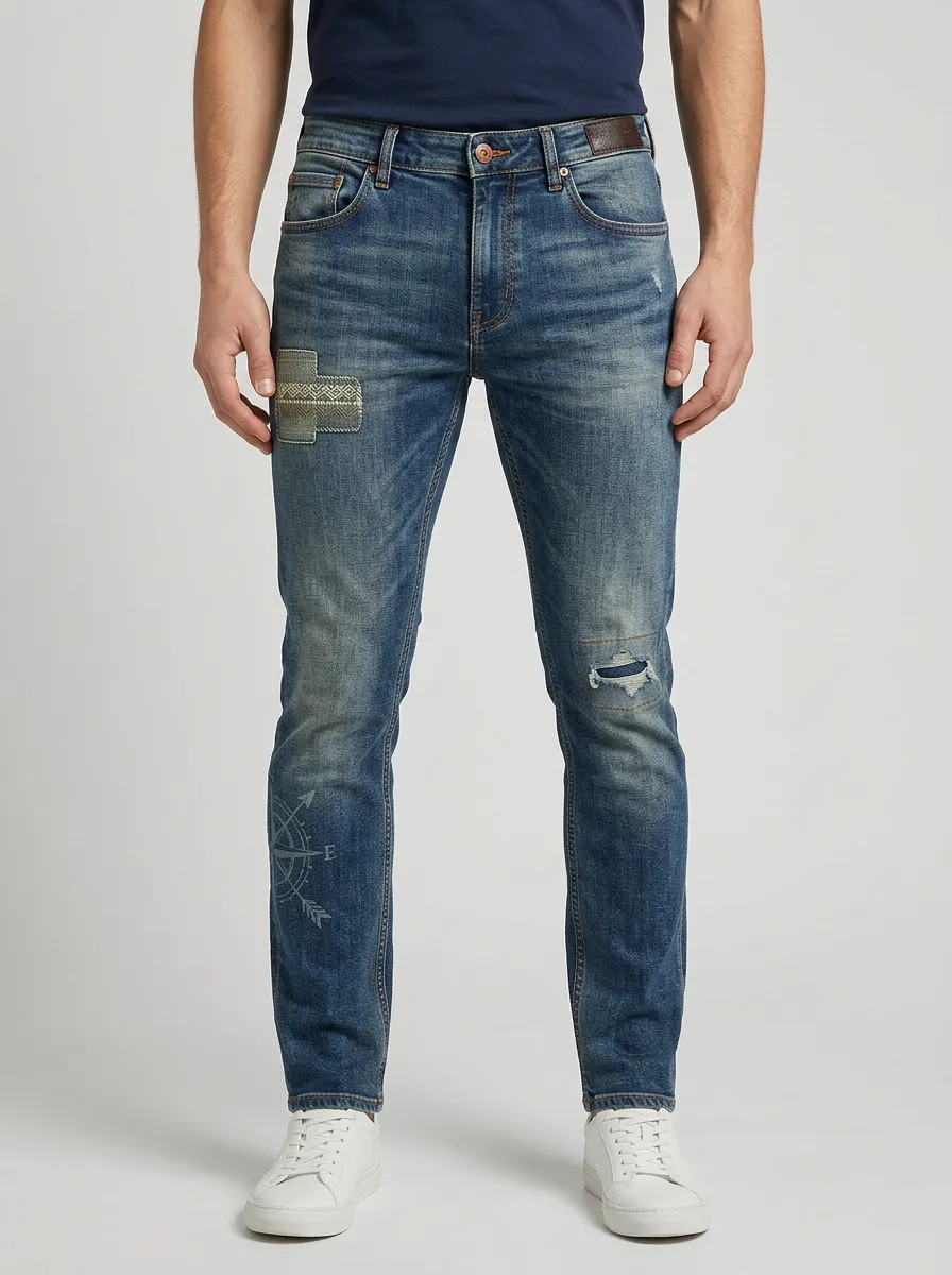 Men's Compass Adventure Patch Graphic Slim-Fit Jeans