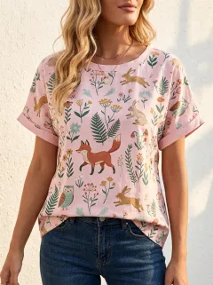 Fox Rabbit Owl Women's Loose Printed T-Shirt