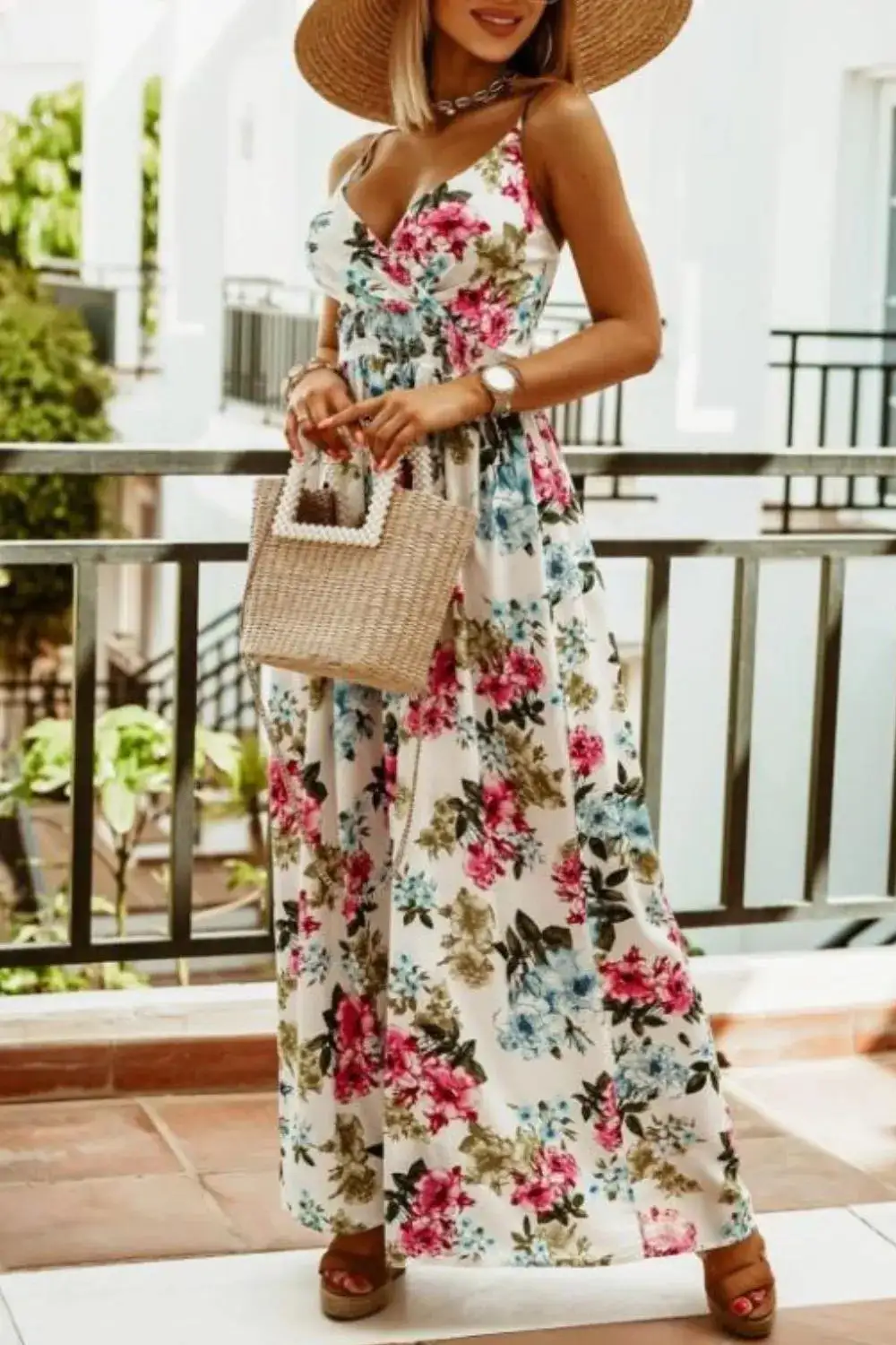 Classic Smocked Spaghetti-Strap Printed Maxi Dress