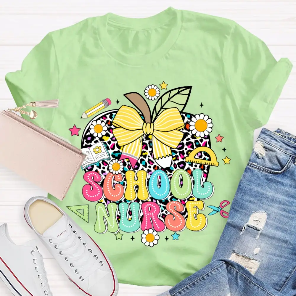 School Nurse Polka Dot Apple And Bow T-Shirt