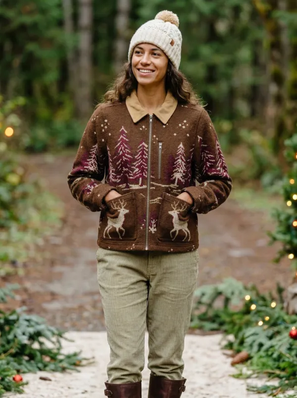 Christmas Holiday Reindeer & Pine Tree Print Jacket