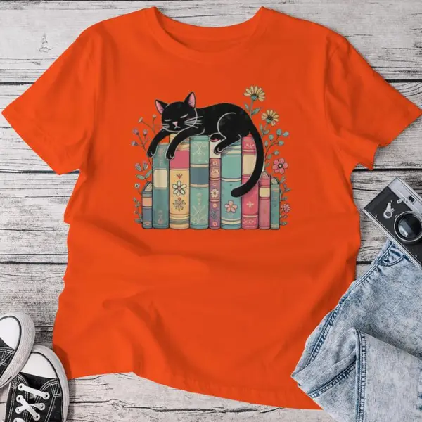 Floral Black Cat Sleeping On Books Women T-shirt