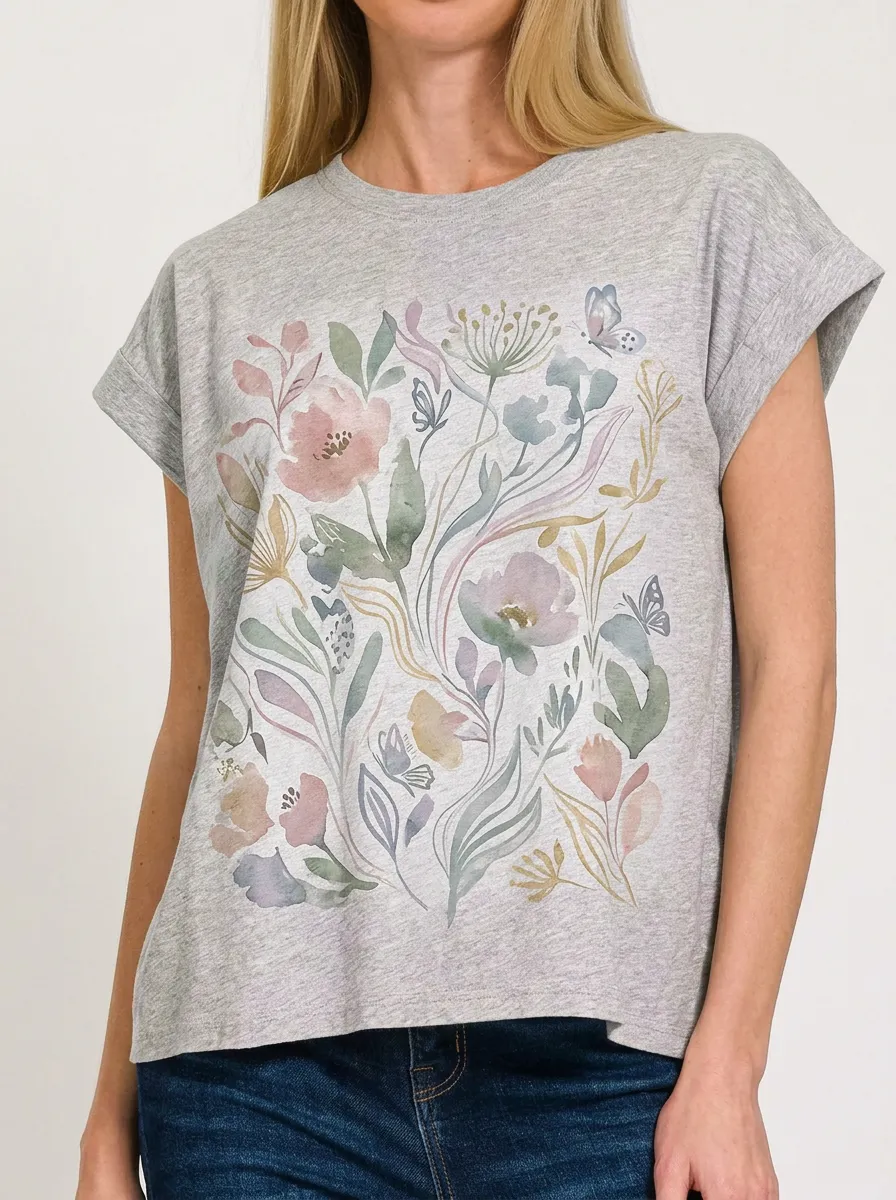 Women's Botanical Nature Lover Watercolor Floral Butterfly Printed T-shirt