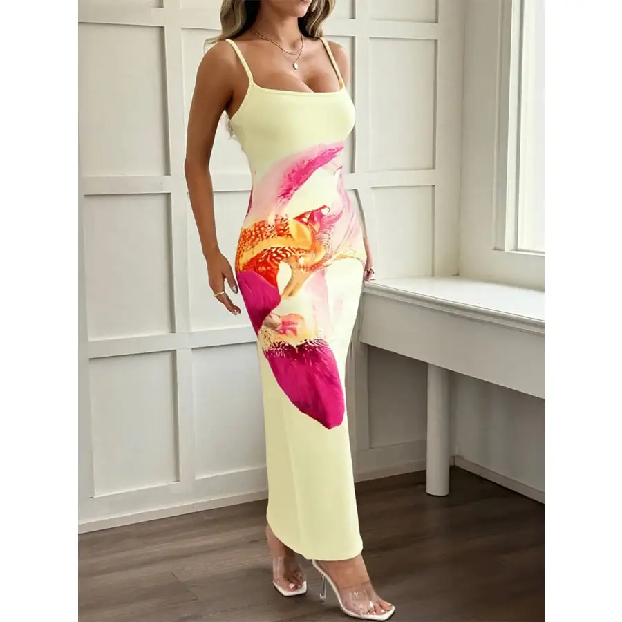 Printed Bodycon Spaghetti Strap Maxi Dress