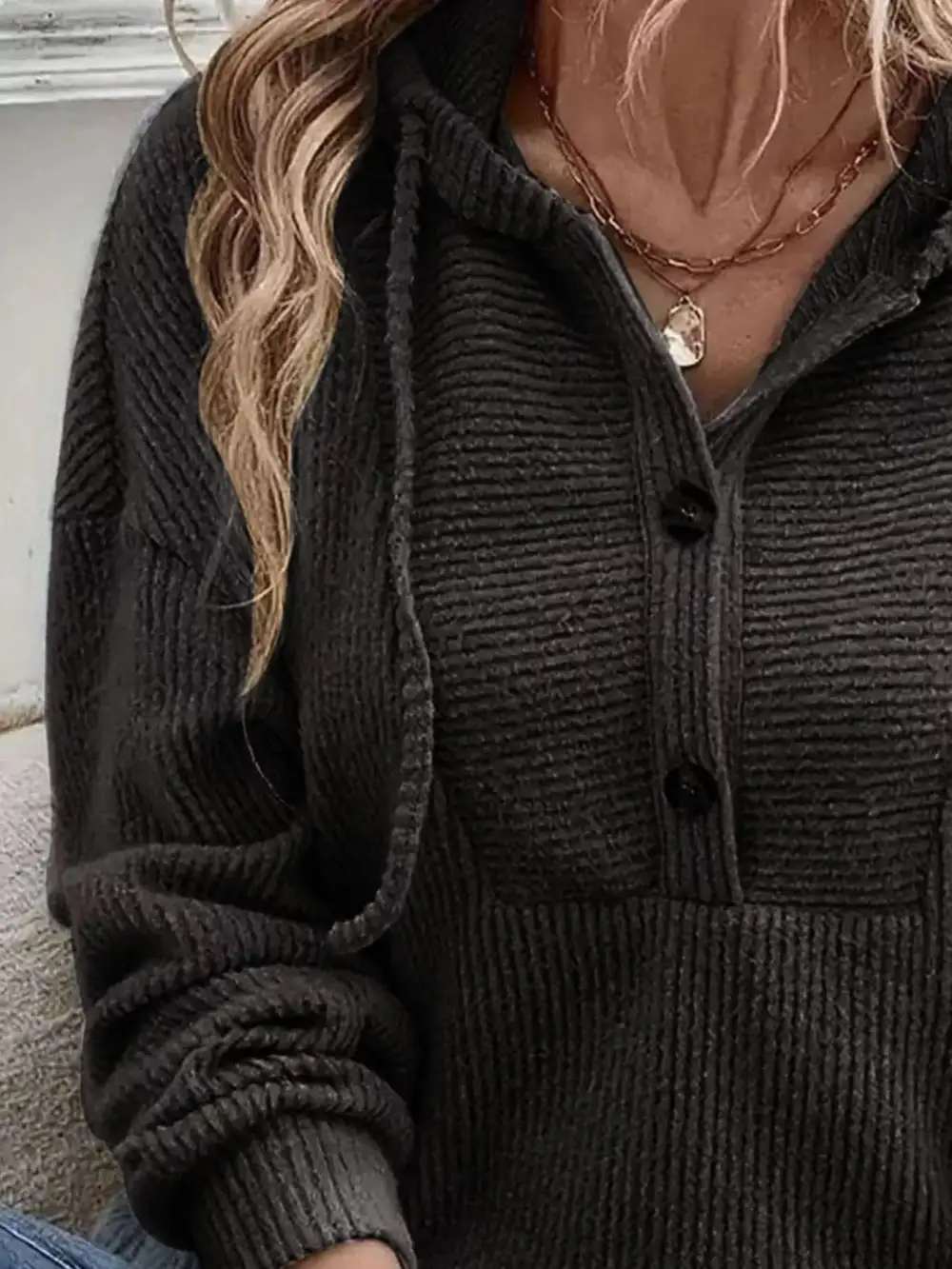 Drawstring Buttoned Pocketed Hoodie