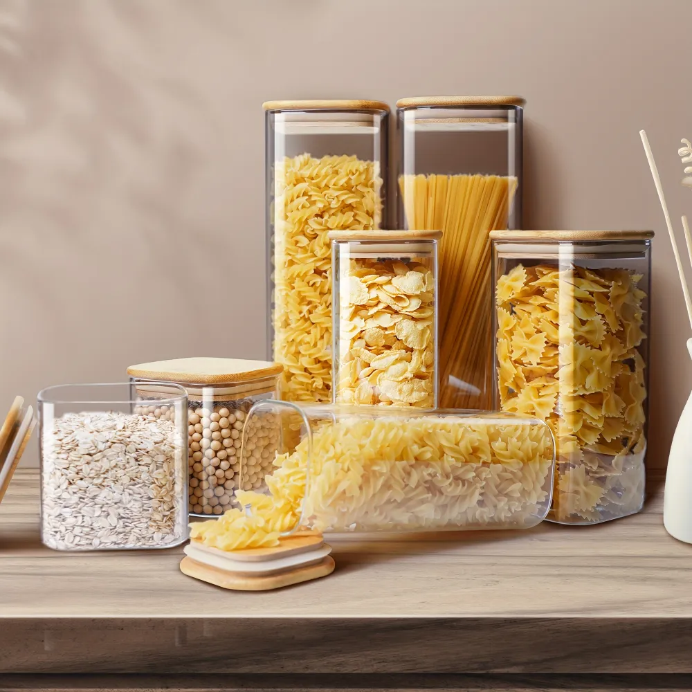 Stackable Glass Food Storage Jars with Bamboo Lids, Kitchen Tool for Pantry Organization