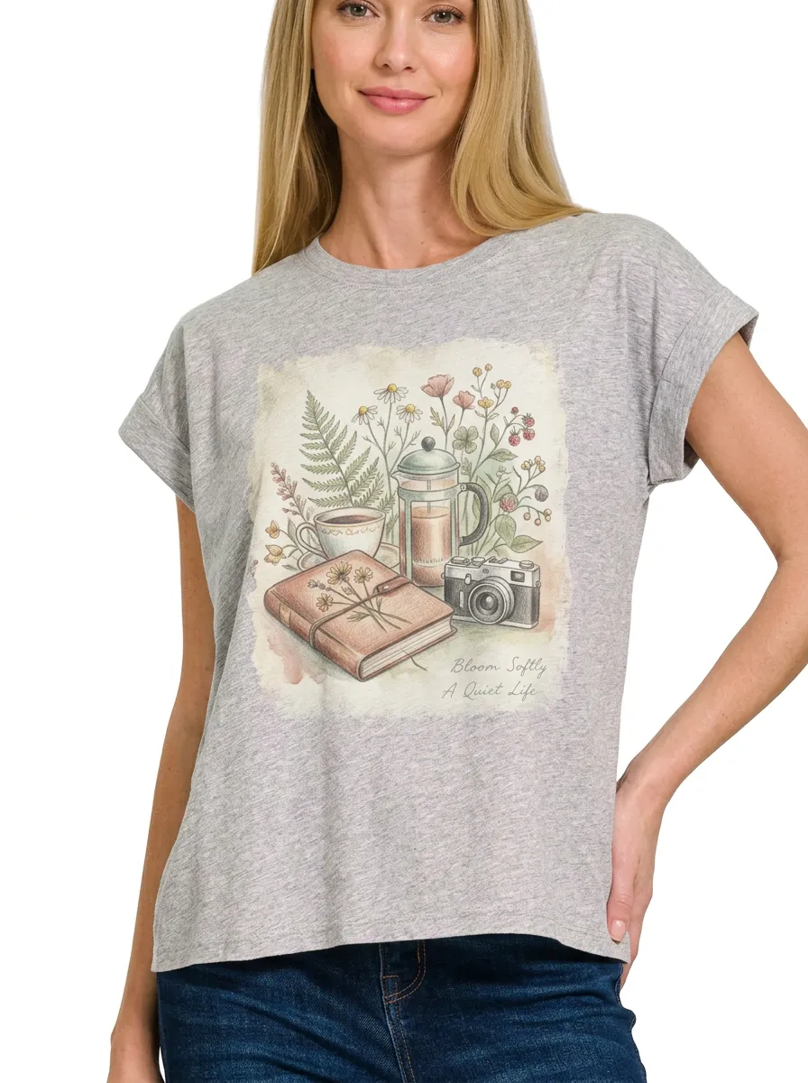 Women's Coffee Camera Journal Floral Printed T-shirt