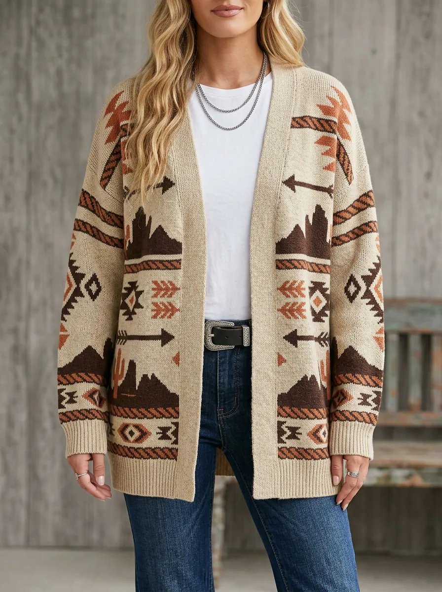 Women's Western Desert Cactus Arrow Pattern Knitted Cardigan