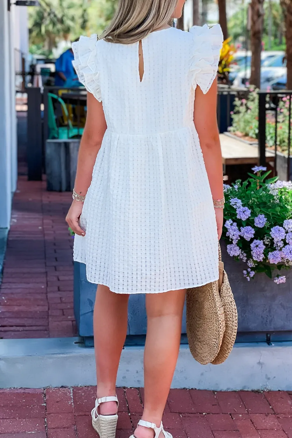 White V-Neck Short Dress With Small Flying Sleeves