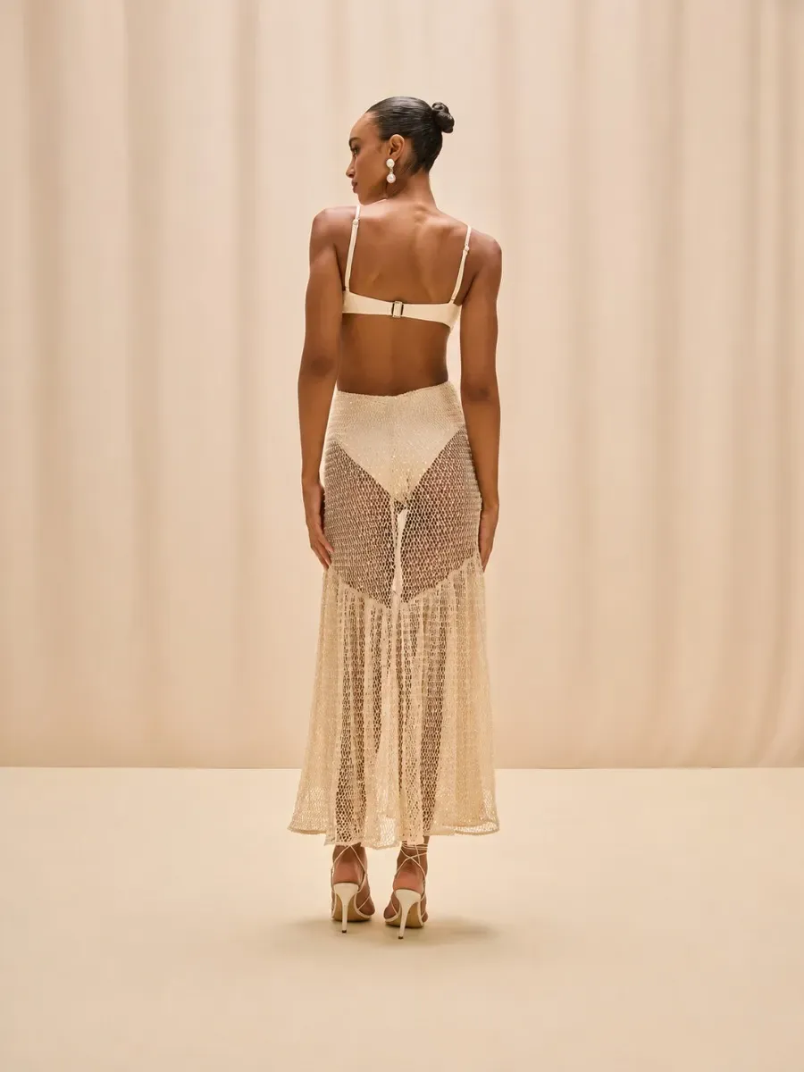 Celeste Crochet Cut Out Mermaid Maxi Dress in Ivory