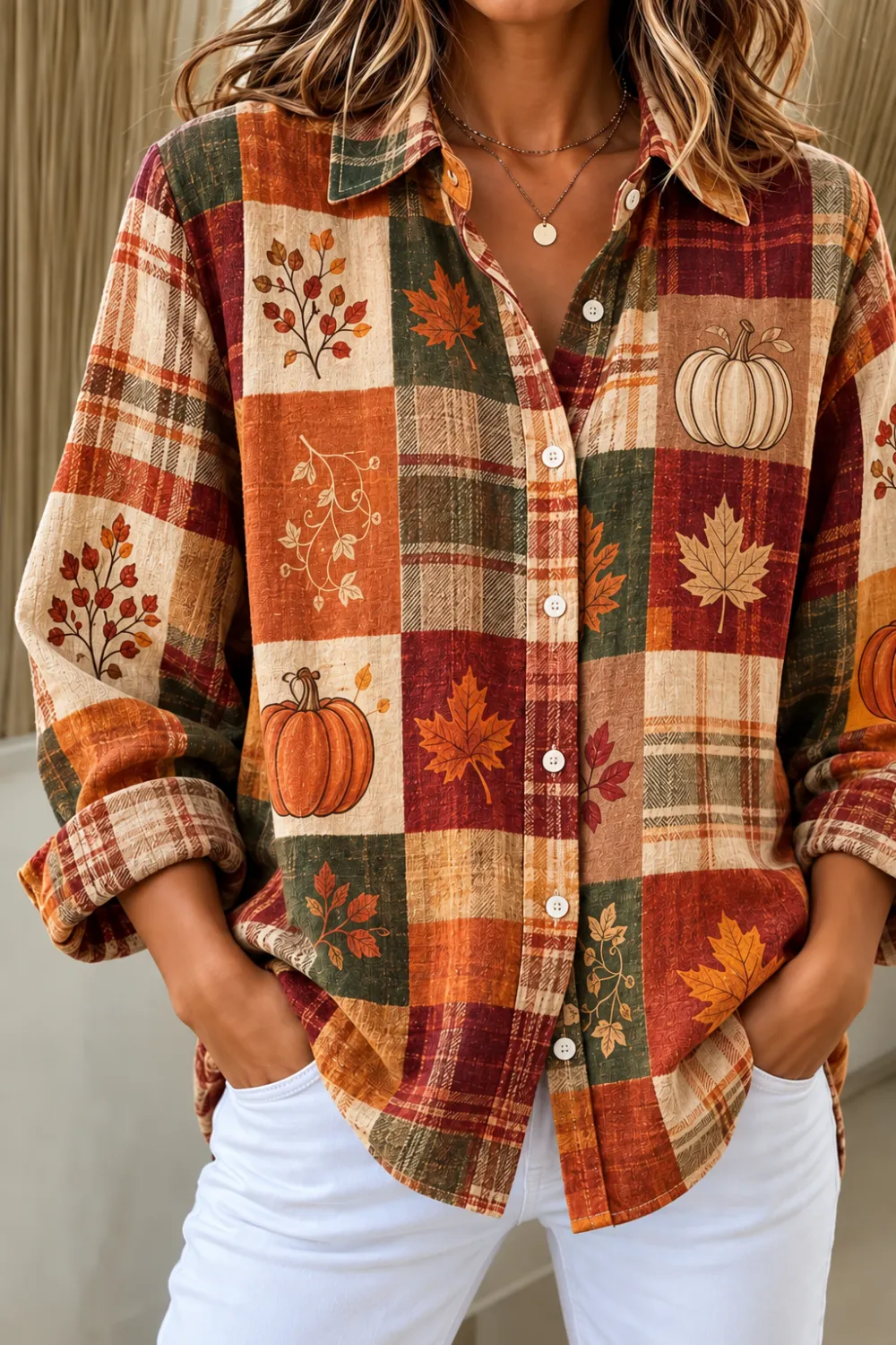 Women'S Retro Checkered Maple Leaf Print Lapel Long Sleeved Shirt