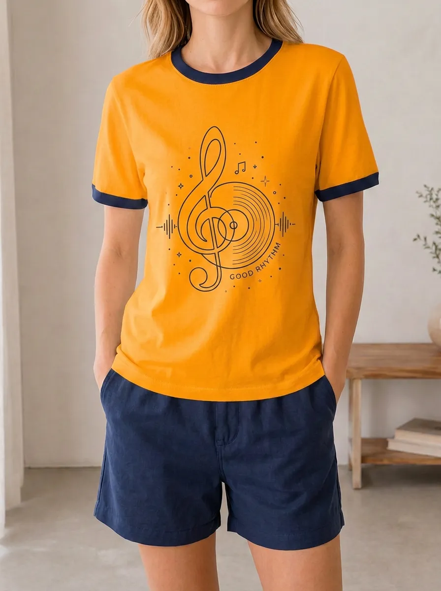 Women's Music Lover Treble Clef Vinyl Record Printed Ringer T-shirt