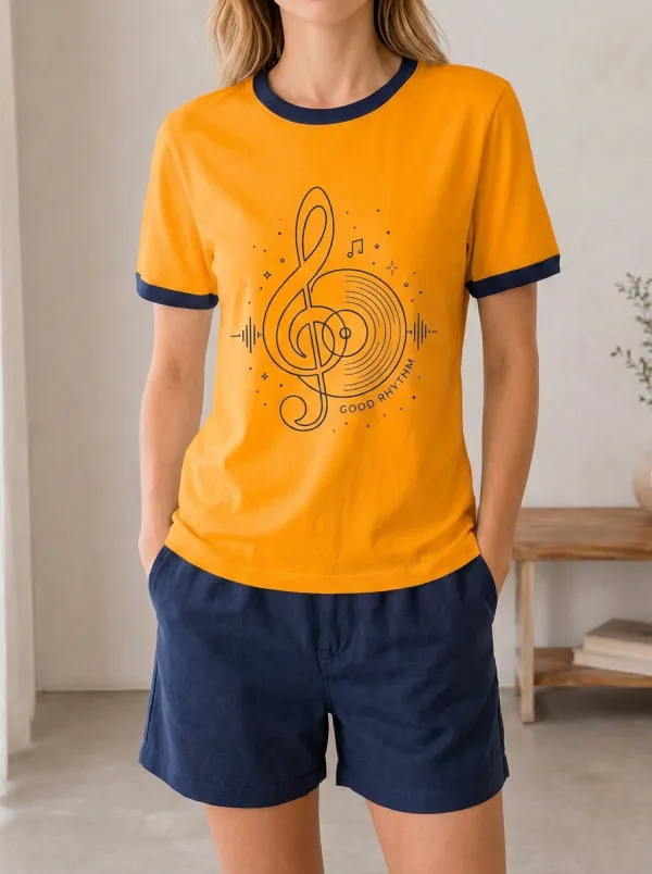Women's Music Lover Treble Clef Vinyl Record Printed Ringer T-shirt