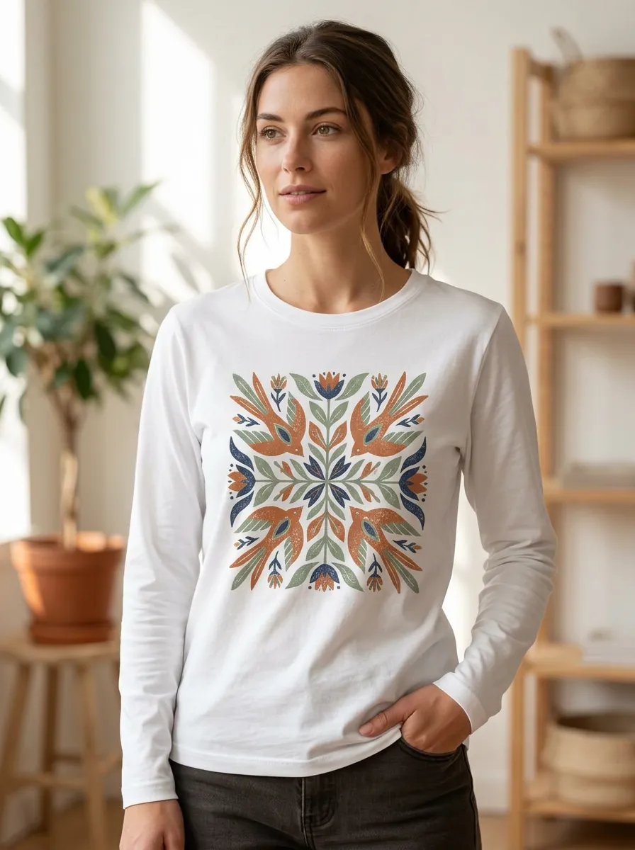 Women's Folk Art Bird Floral Pattern Printed Long Sleeve Top