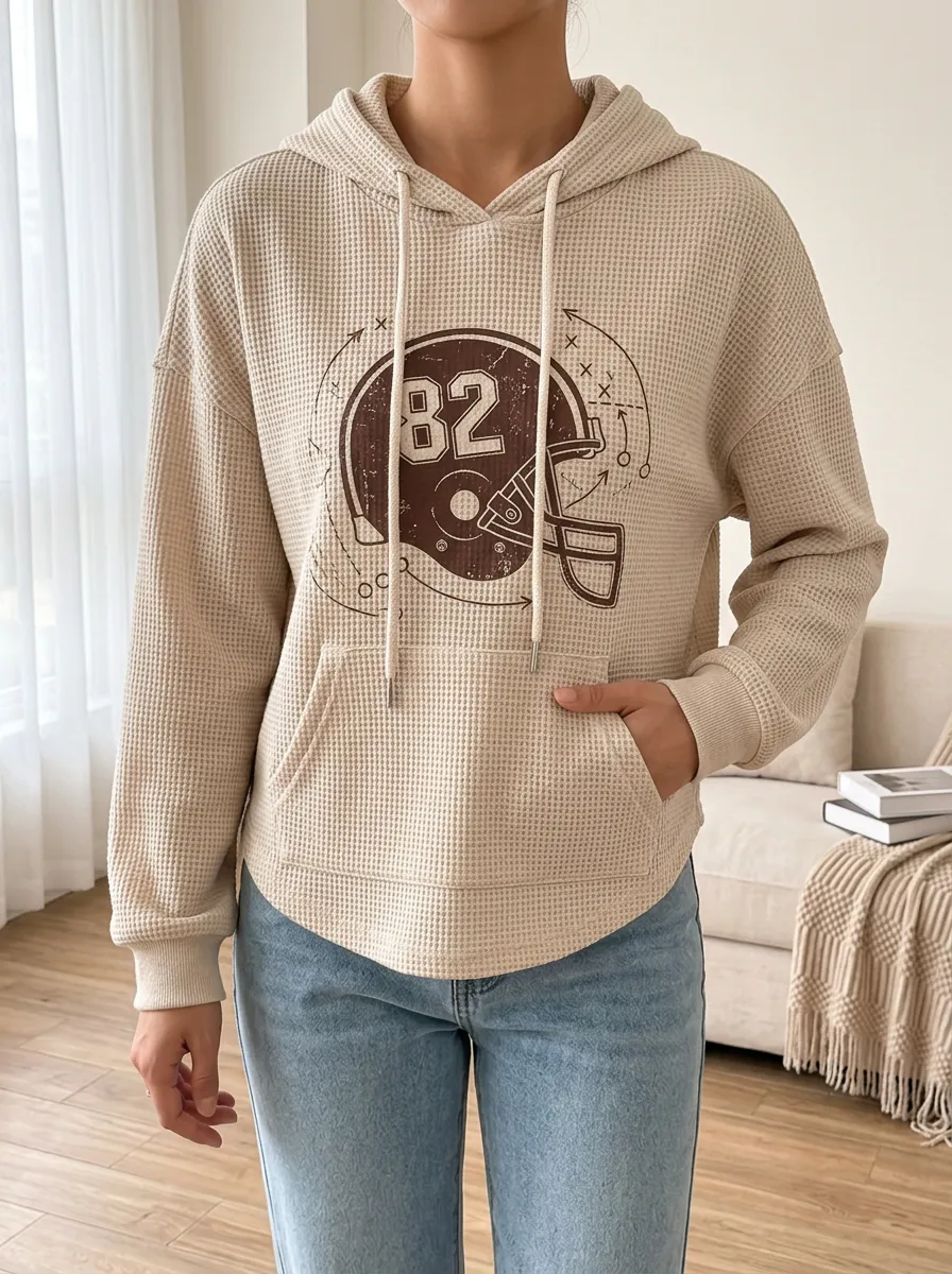 Women's Football Fan 82 Helmet Graphic Printed Waffle Hoodie