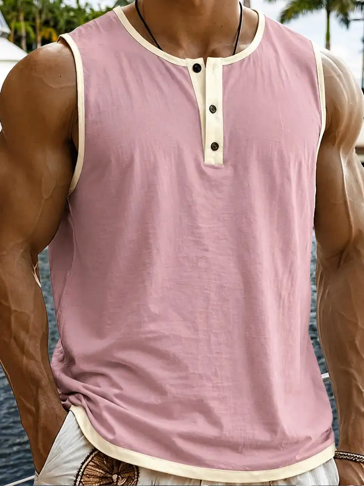 S Relaxed Contrast Trim Henley Sleeveless Tank Top