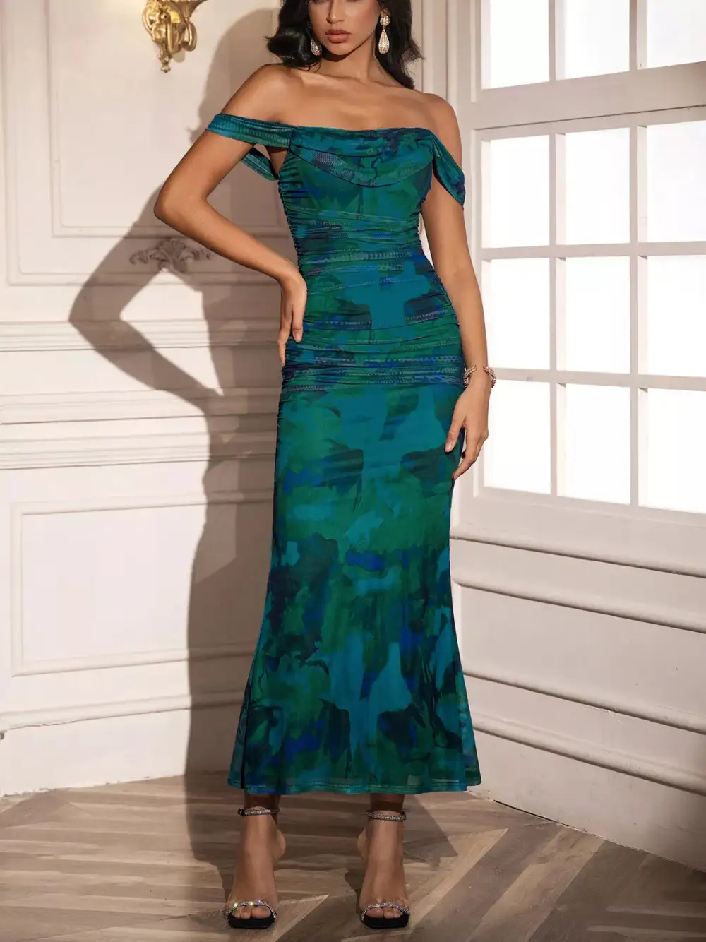 Ruched Off-Shoulder Floral Casual Dress