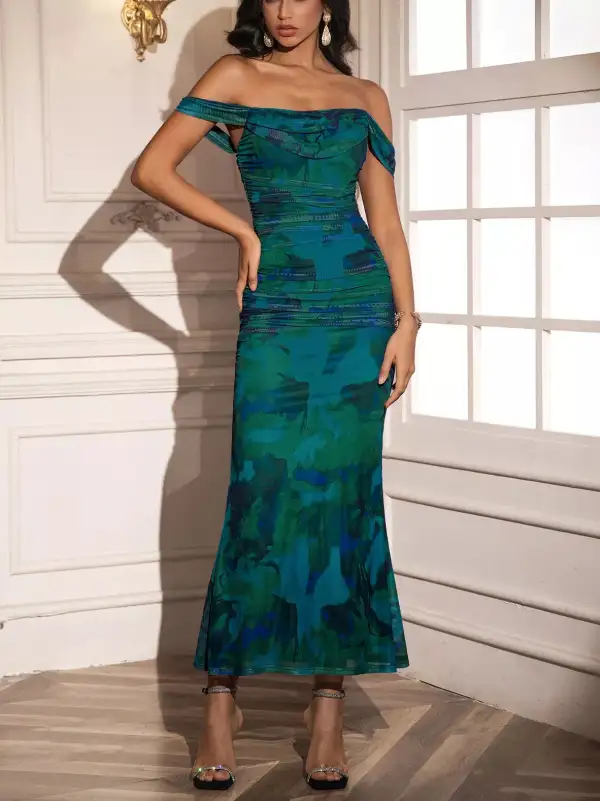 Ruched Off-Shoulder Floral Casual Dress