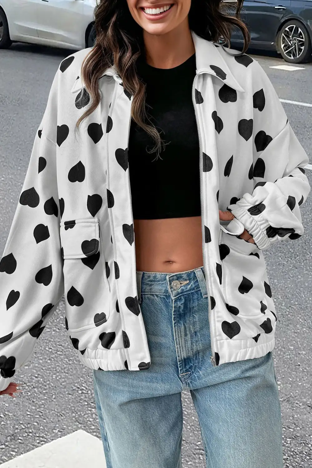 Front-Zip Collared Heart-Print Pocketed Jacket