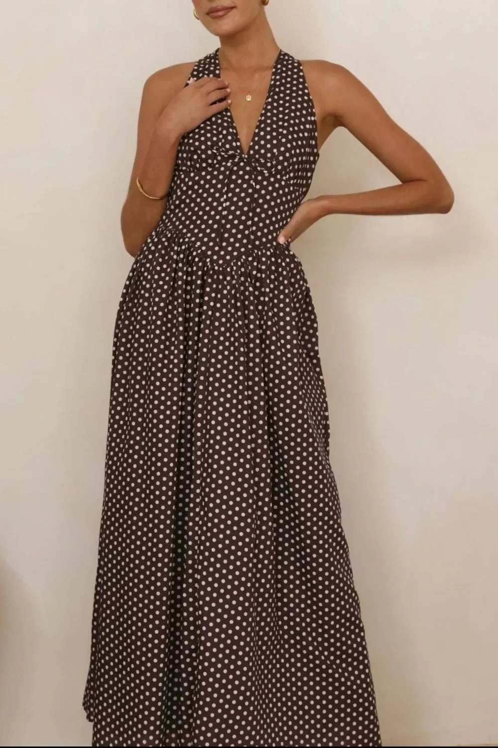 Classic Halter Polka-Dot Maxi Dress
